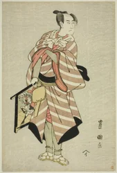 Näyttelijä Sawamura Sojuro III paimenhevosmies Muchizon roolissa näytelmässä "Miyamairi Musubi no Kamigaki", joka esitettiin Kiri-teatterissa 11. kuussa 1797.