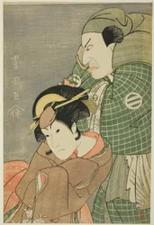 Näyttelijät Kataoka Nizaemon VII Iyo no Tarona ja Iwai Hanshiro IV Okazakin Kojoro-gitsunea näytelmässä "Seiwa Nidai Oyose Genji", joka esitettiin Miyako-teatterissa yhdestoista kuukaudessa 1796.