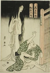 Näyttelijät Onoe Matsusuke I sairaanhoitaja Iohatan haamuna ja Matsumoto Kojiro Mokuemonina näytelmässä "Tokubei of India: Tales of Strange Lands (Tenjiku Tokubei ikoku banashi)"