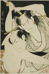 Näyttelijät Sawamura Sojuro II Satsuma Gengobeina ja Arashi Ryuzo II Mawashi-otoko Yasukena näytelmässä "Edo Sunago Kichirei Soga", joka esitettiin Miyako-teatterissa ensimmäisenä kuukautena 1795.