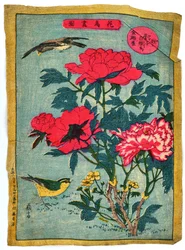 Pioni ja lintuja, noin 1875 (värillinen puupiirros japaninpaperille).