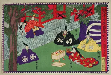 Kohtaus kabuki-näytelmän 1. näytöksestä "Kanadehon Chushingura", tarina kostosta, joka perustuu neljäkymmentäseitsemän ronin-tapaukseen vuonna 1703, n. 1870 (värillinen puupainatus)