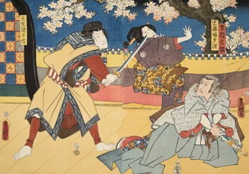 Kohtaus Murasaki Shibukun (s. 978) elokuvasta Genji monogatari (Tale of Genji) c. 1860 (värillinen puupainatus)