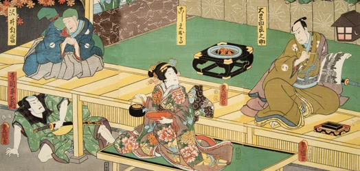Kohtaus Murasaki Shibukun (s. 978) elokuvasta Genji monogatari (Tale of Genji) c. 1860 (värillinen puupainatus)