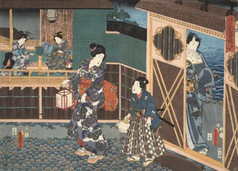 Kohtaus Murasaki Shibukun (s. 978) elokuvasta Genji monogatari (Tale of Genji) c. 1860 (värillinen puupainatus)