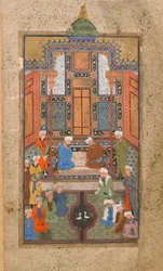 Palatsikohtaus Tuhfat al-Ahrarissa (lahja vapaalle) Bukhara, Uzbekistan, Uzbekistanin aika, n. 1540 (läpinäkymätön akvarelli, mustetta ja kultaa paperilla)