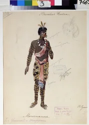 Pukusuunnittelu Wolfgang Amadeus Mozartin (1756-1791) oopperaan "The Magic Flute" (pukusuunnittelu W A Mozartin oopperaan "die Zauberflote"). V.Bushinan työ (1800-luvun alku). Akvarelli, guassi ja kulta paperille
