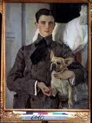 Prinssi Felix Youssoupoffin, kreivi Soumarokov Elstonin (1887-1967) muotokuva koiran kanssa. (Prinssi Felix Jusupovin muotokuva, kreivi Sumarokov Elston, koiran kanssa). Valentin Aleksandrovich Serovin (1865-1911) maalaus öljy kankaalle