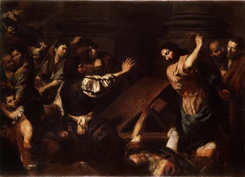 "Kristus ajaa rahanlainaajat temppelistä" (Kristus ajaa rahanlainaajat temppelistä) Valentin de Boulognen (1591-1632) maalaus 1620-1625 Mitat 192x266,5 cm Eremitaaši, Pietari