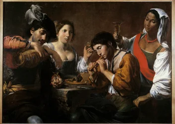 Tapaaminen kabareessa Valentin de Boulognen (1591-1632) maalaus 1600-luvun su. 0,96x1,33 m