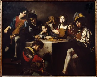 Matala helpotuskonsertti. Muusikot kokoontuivat veistetyn alttarin ympärille. Valentin de Boulognen (1591-1632) maalaus. Himmeä. 1,73 x 2,14 m.
