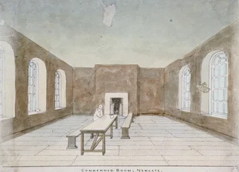Tuomitun huoneen sisustus Newgaten vankilassa Old Baileyssä, Lontoon kaupungissa, 1810