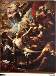 Pyhän Laurentiuksen marttyyrikuolema ristikossa Valerio Castellon maalaus (1624-1659) Koko 236 x 182 cm Genes, Musei di Strada Nuova (entinen Palazzo Bianco)