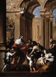 Ranskan kuninkaan Ludvig IX:n (1214-1270) hyväntekeväisyys (Ranskan kuningas Ludvig IX jakaa almuja) Valerio Castellon (1624-1659) maalaus Genes, Musei di Strada Nuova (ex Palazzo Bianco)