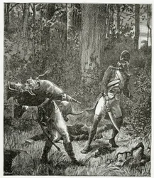 Rask koira tappaa englantilaisen sotilaan - kuvitus Bug-Jargalista, 1800-luvun bw-kaiverrus