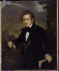 Taidemaalari Karl Pavlovich Briullov (Bryullov) (1799-1852) muotokuva. Taidemaalari K.P. Briullovin muotokuva). Tulivuoren edessä oleva taidemaalari pitää kädessään mekaanista lyijykynää ja piirustuslautaansa. Vasili Andrejevitš Tropinin (Vassili Tropinin)
