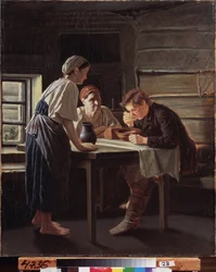 Pyhiinvaeltajan vastaanotto. Vasili (Vassili) Grigorjevitš Perovin (1834-1882) maalaus öljy kankaalle
