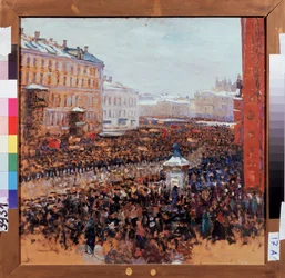Vallankumouksellinen mielenosoitus Moskovassa vuonna 1917. Bolshevikkiproletaarisen vallankumouksen jakso Venäjän pääkaupungin kaduilla. Vasili Nikitich Meshkov (Vassili Meshkov) maalaus (1868-1946), öljy