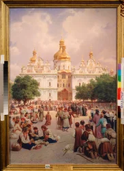 Devant le monastere des Caves a Kiev (Ukraina) (ennen Kiovan luolaluostaria) - Peinture de Vasili Petrovich Vereshchagin (Vassili Verechtchaguine) (1835-1909), huile sur toile