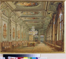 Pietarin Jusupovin palatsin (Moika Palace) pääruokasali (Henri II -galleria). (Pääruokasali (Henry II:n galleria) Jusupovin palatsissa Pietarissa). Taideteos: Vasily Semjonovich Sadovnikov (1800-1879), aqua