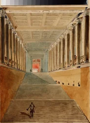 Pietarin Talvipalatsin Grand Staircase (tai Ambassador Staircase tai Jordan Staircase). Vasili Semjonovitš Sadovnikovin (1800-1879) teos, akvarelli paperille, noin 1840. 1800-luvun venäläistä taidetta. Valtion A. Pushkinin taidemuseo, Mos