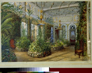 Jusupovin palatsin talvipuutarha (Moika-palatsi) Pietarissa (Jusupovin palatsin talvipuutarha Pietarissa). Vasili Semjonovitš Sadovnikovin (1800-1879) työ, akvarelli paperille