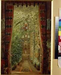 Jusupovin palatsin (Moika Palace) talvipuutarha Pietarissa. (Talvipuutarha Jusupovin palatsissa Pietarissa). Vasili Semjonovitš Sadovnikovin (1800-1879) työ, akvarelli paperille