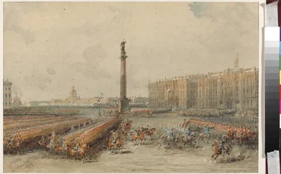 Hengenvartijan hevosrykmentin paraati Palatsiaukiolla - Vasili Semjonovitš Sadovnikov (1800-1879). Akvarelli ja valkoinen väri paperille