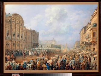 Paraati Neva-kadulla (Nevski Prospekt) Beloselsky-palatsissa Belozersky. (Pietari). Vasili Semjonovitš Sadovnikovin (1800-1879) työ, akvarelli paperille