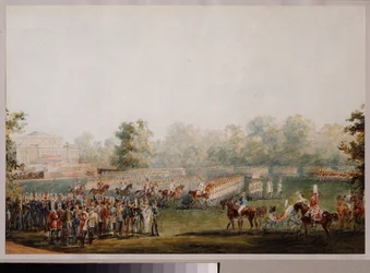 Sotilaallinen paraati Elaginin palatsin niityllä Pietarissa. (Keisarillisen vartijan paraati). Vasili Semjonovitš Sadovnikovin (1800-1879) työ, akvarelli paperille