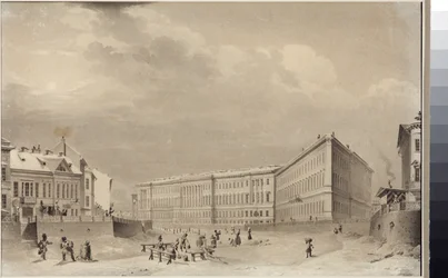 Pietari. Yleisesikunnan rakennus Moika-joen rantakadulla, kirjoittanut Sadovnikov, Vasily Semjonovich (1800-1879). Akvarelli paperille, ennen 1833. Pietarin valtionhistoriallinen museo