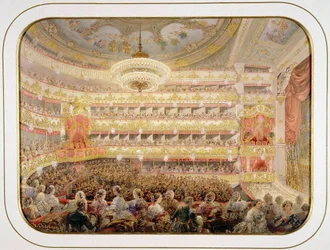 Pietarin keisarillisen Bolshoi Kamenny -teatterin auditorio parissa Sadovnikov, Vasily Semjonovich (1800-1879). Vesiväri, guassi paperille, koko: 35x26