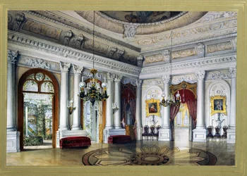 Näkymä Antonio Vighi -huoneesta Jusupovin palatsissa (Youssoupov, Youssoupoff) Pietarissa, jota kutsutaan myös Moika-palatsiksi (Antonio Vigi -huone Jusupovin palatsissa Pietarissa). Vasili Semjonovitš Sadovnikovin (1800-1879) taideteos. aq