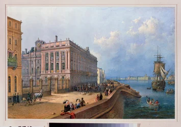 Näkymä Nevan rantakadulle ja Marmoripalatsille Pietarissa. Vasili Semjonovitš Sadovnikovin (1800-1879) työ, akvarelli paperille