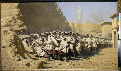Linnoituksia, päästäkää ne sisään! (joukkojen kokoontuminen ennen taistelua) (Linnakkeen muureilla; Päästäkää sisään!) - Vasili Vasilyevich Vereshchagin (Vereshchagin) maalaus (1842-1904), öljy kankaalle (95x160,5 cm)