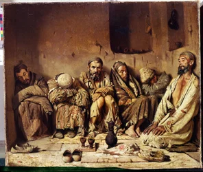 Orientalismi: oopiumin tupakoitsijat istuvat kadulla Lähi-idässä (oopiuminpolttoajat). Vasili Vasilyevich Vereschagin (Vereshchagin, Vereshchagin) maalaus (1842-1904)