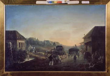 Stagecoach-asema. Maalaus Vasili Vasilyevich Samoylov (1813-1887), öljy kankaalle