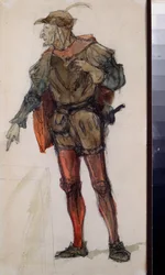 Miesten puku Charles Gounodin (1818-1893) oopperaan "Faust" - Pukusuunnittelu Charles Gounodin oopperaan Faust - Vasili Dmitrievich Polenovin (1844-1927) työ, kynä ja akvarelli paperille