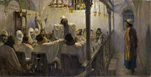 Il est coupable de la mort - Hän on syyllinen kuolemaan! - Polenov, Vasili Dmitrievich (1844-1927) - 1906 - Öljy kankaalle - 113x220 - Yksityiskokoelma (Osa taiteilijan 1890-1900-luvun lopulla valmistuneesta maalaussarjasta Kristuksen elämä)