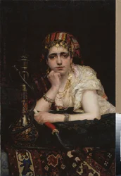 Odaliskki. (Muotokuva haareminaisesta, melankolinen katse, vesipiippu kädessään). Vasili Dmitrievich Polenovin (1844-1927) maalaus öljy kankaalle. 1800-luvun venäläinen taide, orientalismi. Valko-Venäjän tasavallan kansallinen taidemuseo, Minsk (Bieloru