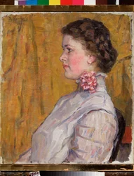 Naisen muotokuva keltaisella pohjalla (Naisen muotokuva keltaisella pohjalla) - Vasilli Ivanovich Surikovin maalaus (Vasily Surikov tai Vassili Surikow) (1848-1916), öljy kankaalle