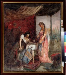 Salome (Nuori nainen tuo pyhän Johannes Kastajan pään äidilleen Herodiadelle tarjottimella) - Vasilli Ivanovich Sourikov (Vasili Surikov tai Vassili Surikow) maalaus (1848-1916), öljy kankaalle