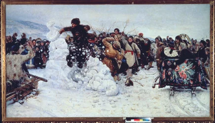 Lumilinnoituksen myrsky (suosittu riemukohtaus ortodoksisen paaston viikon aikana, maslenitsa) - Vasilli Ivanovich Surikovin maalaus (Vasili Surikov tai Vassili Surikow) (1848-1916), öljy kankaalle