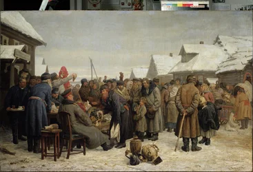 Velkarästien julkinen huutokauppa. (Julkaisen omaisuuden huutokauppa rästien varalta). Lumipeitteisessä maalaistalossa keskellä katua laitetaan myyntiin kodin esineitä. Virkamiehet järjestävät ja valvovat toimintaa