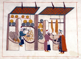 Hedelmä- ja vihanneskauppias (neljä vuodenaikaa) Konstantinopolissa, Turkissa ottomaanien valtakunnan alaisuudessa. Miniatyyri ""Turkkilaisista muistomerkeistä"" (codex Cicogna 1971 "Memorie Turchesche") Akvarelli 1600-luvun venetsialaisesta koulukunnasta.