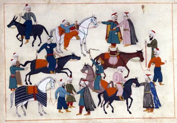 Hevosmarkkinat Turkissa Ottomaanien valtakunnan alaisuudessa. Miniatyyri ""Turkkilaisista muistomerkeistä"" (codex Cicogna 1971 "Memorie Turchesche") Akvarelli 1600-luvun venetsialaisesta koulukunnasta.