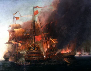 Taistelu ottomaanien ja venetsialaisten laivastojen välillä Famagustan edustalla Kyproksen piirityksen aikana vuonna 1570 1500-luvun venetsialaisen koulukunnan maalaus. Istanbul, laivastomuseo