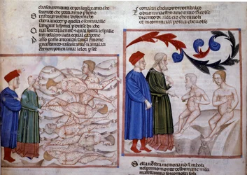 Dante ja Vergilius keskustelussa Arezzon Grifolinon ja Sienan Capocchion kanssa. 1300-luku (pienoiskuva)