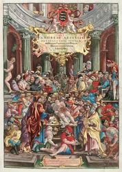 Andreas Vesaliuksen (1514-64) De Humani Corporis Fabrica Libri Septemin etukappale, julkaissut Johannes Oporinus, Basel, kesäkuu 1543 (väripuupiirros) (katso myös 233019)
