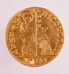 Venetsian tasavallan kultaraha (zecchino eli sequin): doge Nicolò Contarinin hallituskausi (1630-1631). Halkaisija: 3,4 cm. Rooma, Museo Nazionale delle Terme